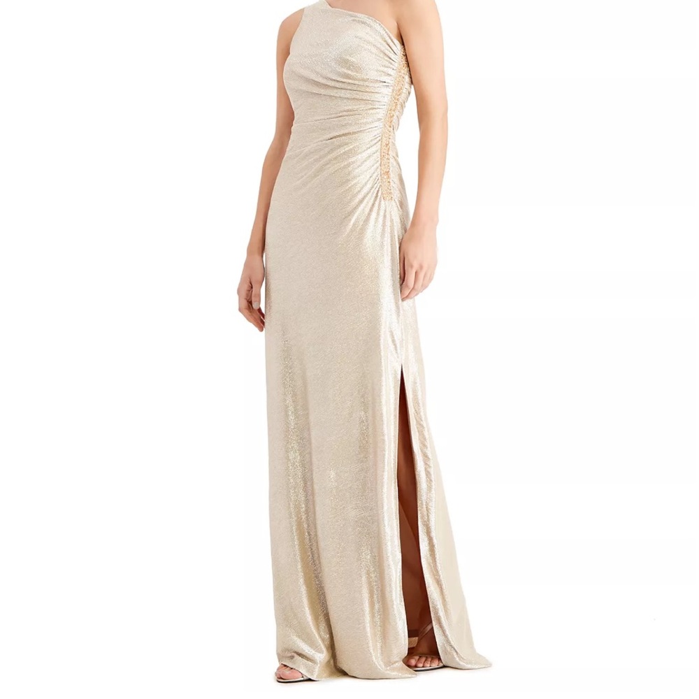 Calvin Klein One-Shoulder Gold Metallic Gown | 4 | Petite